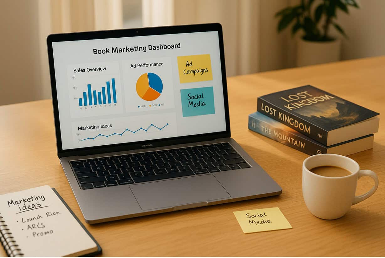 Book marketing dashboard with analytics, social media strategy and book promotion tools.