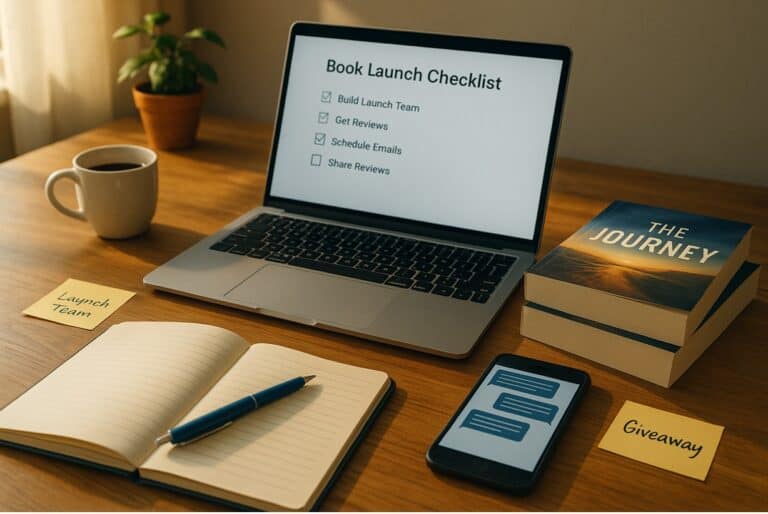 First book launch checklist on laptop screen for authors and writers.