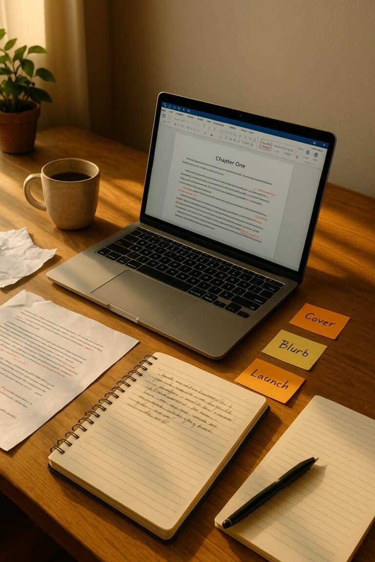 Laptop displaying a writing guide on screen for aspiring writers.